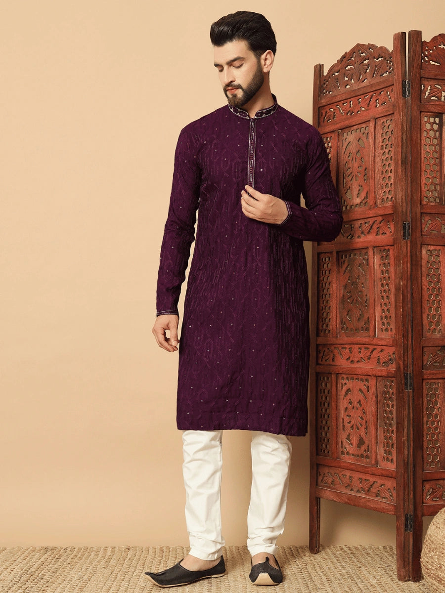 Men’s PVR Silk Kurta Pyjama with All-Over Sequin Embroidery