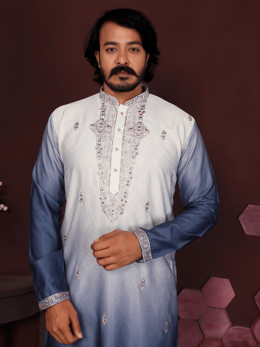 Elegant Ombre Cotton Silk Kurta with Embroidery | Premium Ethnic Wear for Men