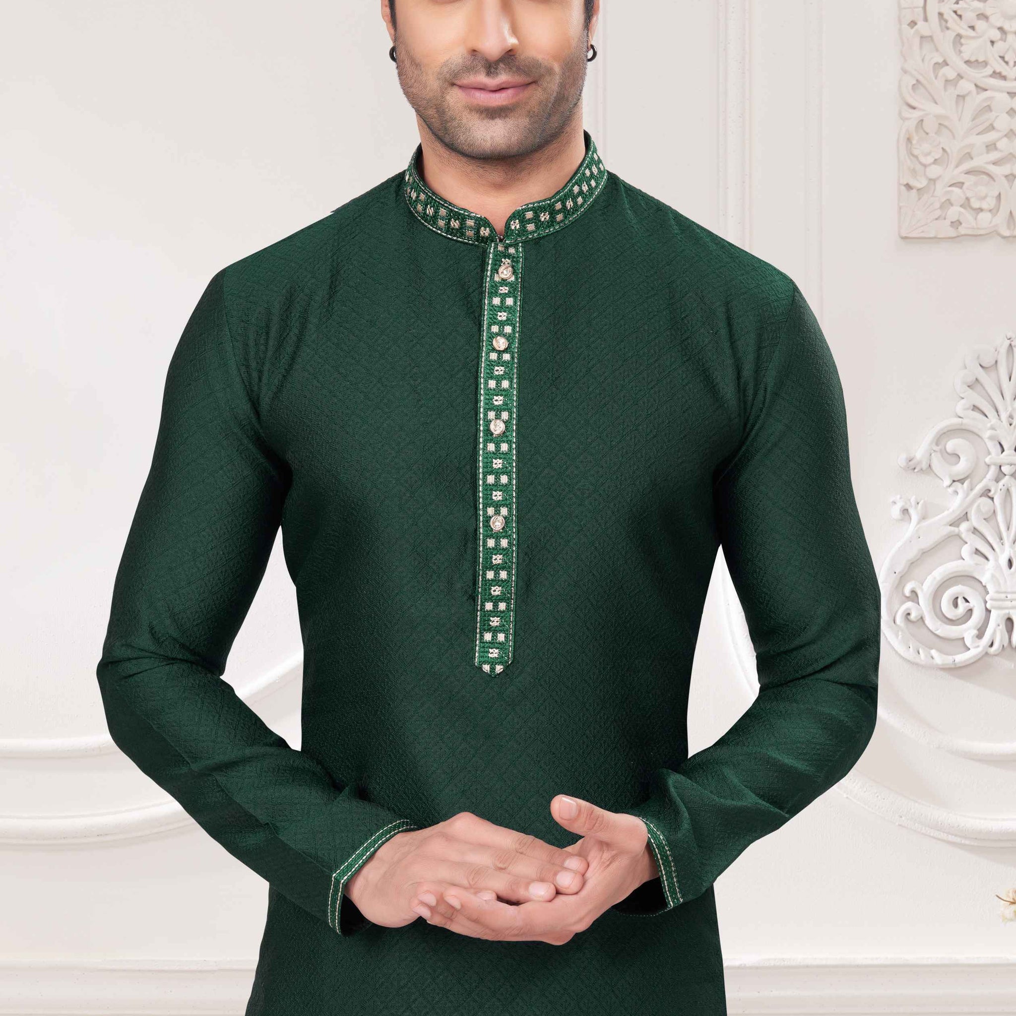 Ruh-e-Rang – Handcrafted Detailing Jacquard on Rich Green kurta