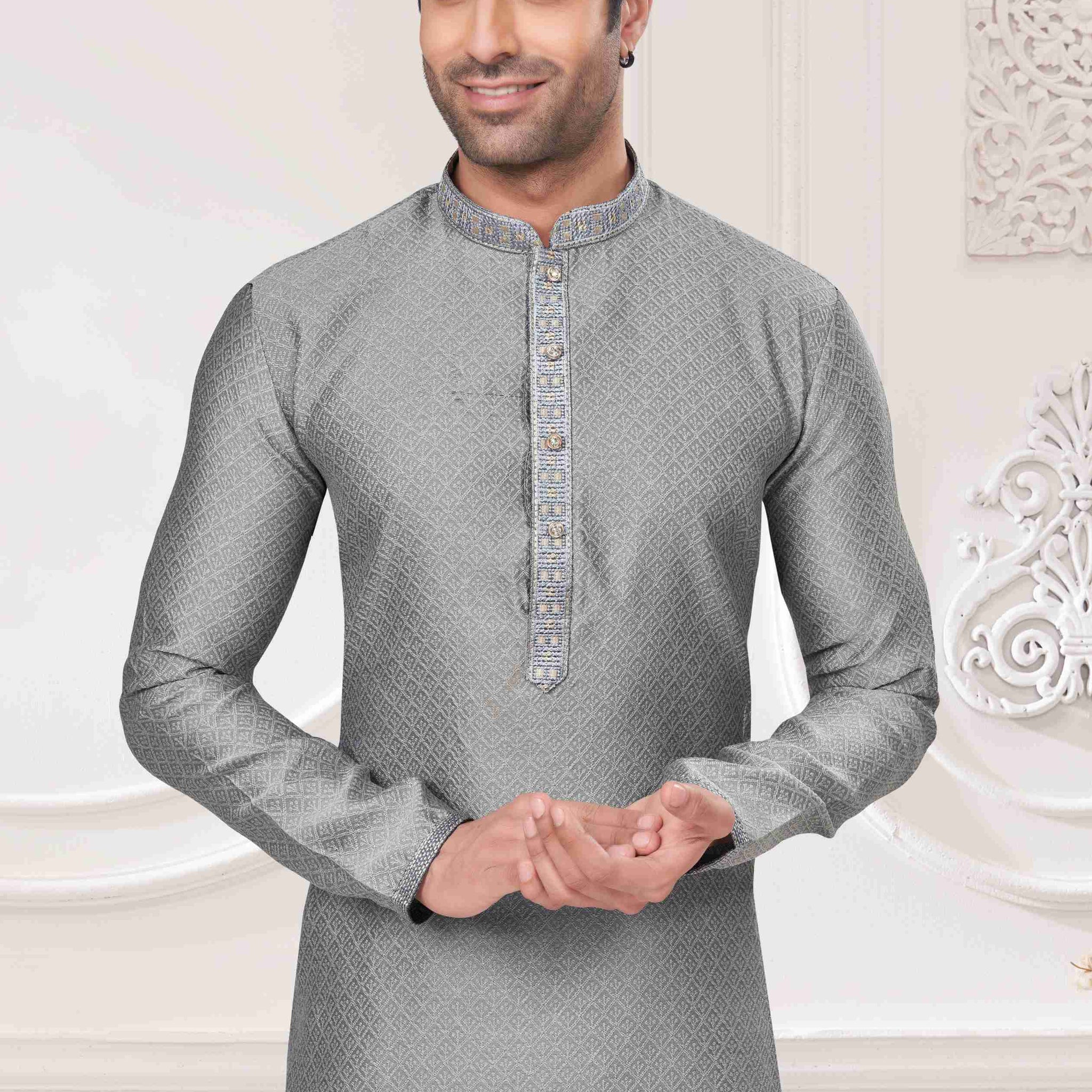 Ruh-e-Rang – Handcrafted Detailing Jacquard on Elegant Grey Kurta