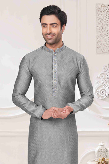 Ruh-e-Rang – Handcrafted Detailing Jacquard on Elegant Grey Kurta