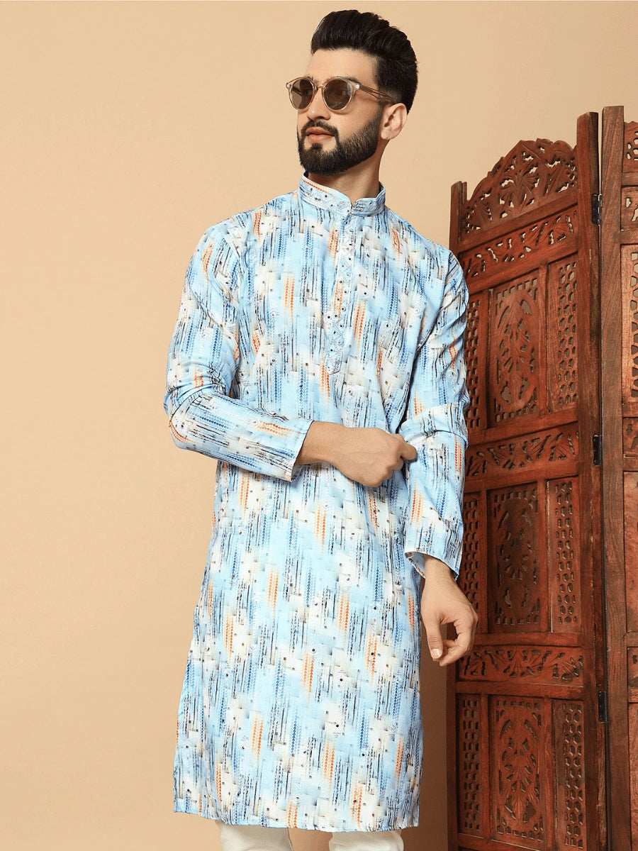 Men’s Lilan Cotton Kurta with Sequin Embroidery & Digital Print