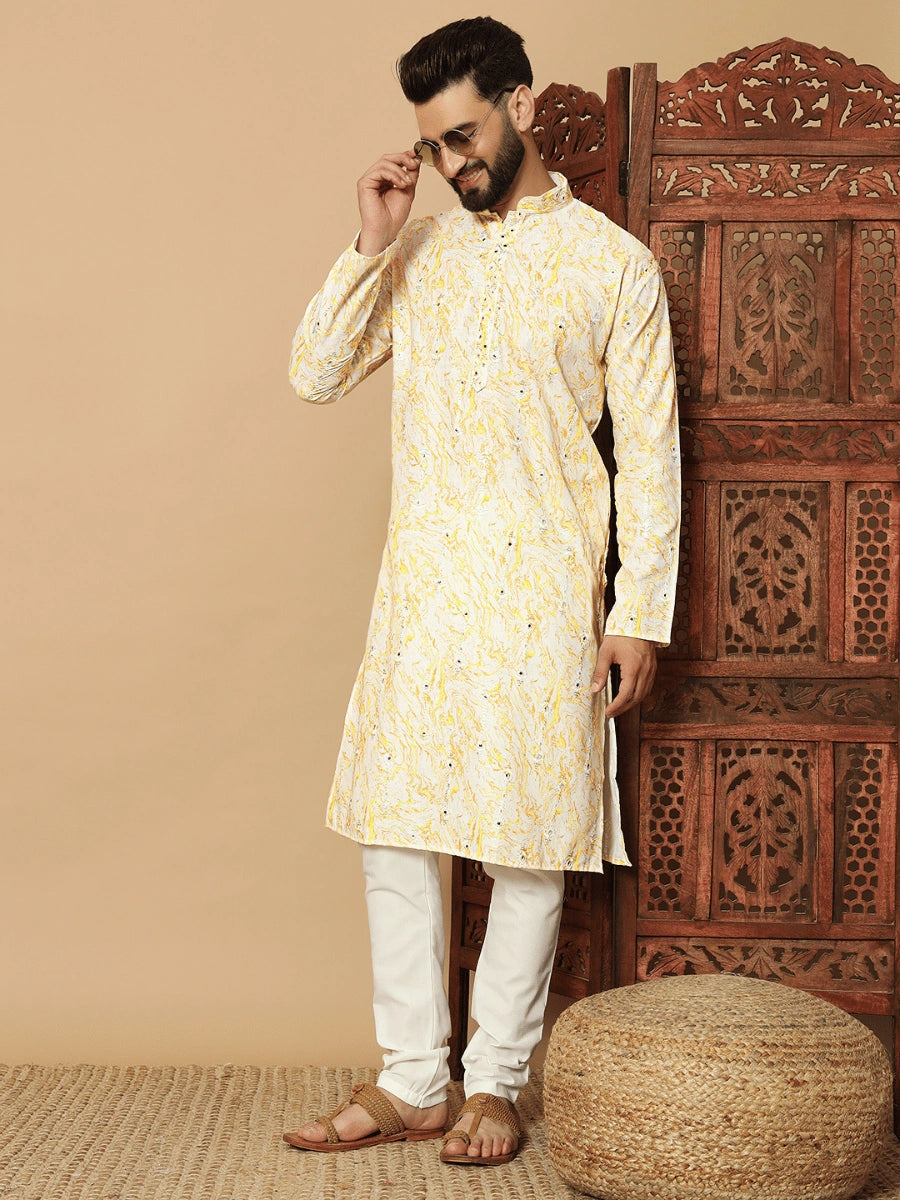 Men’s Lilan Cotton Kurta with Sequin Embroidery & Digital Print
