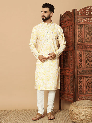Men’s Lilan Cotton Kurta with Sequin Embroidery & Digital Print