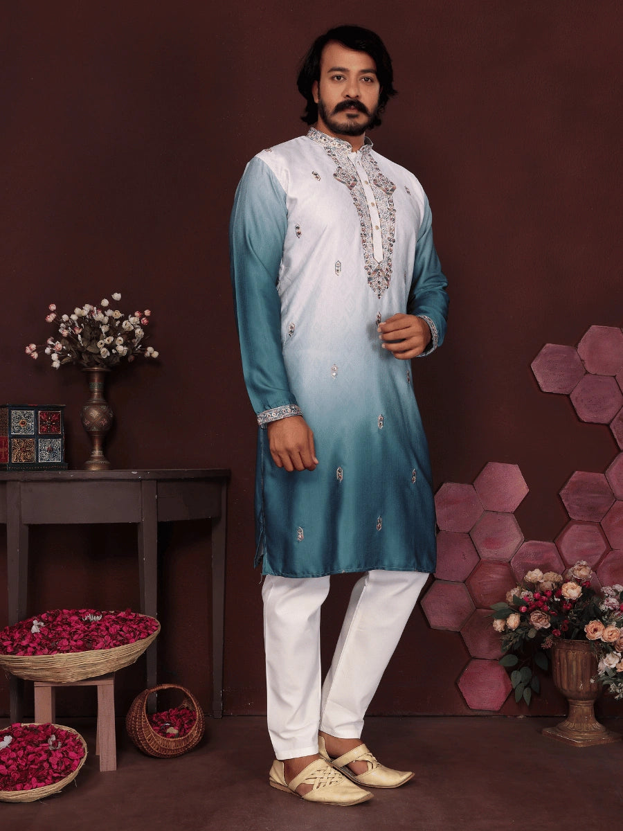 Elegant Ombre Cotton Silk Kurta with Embroidery | Premium Ethnic Wear for Men