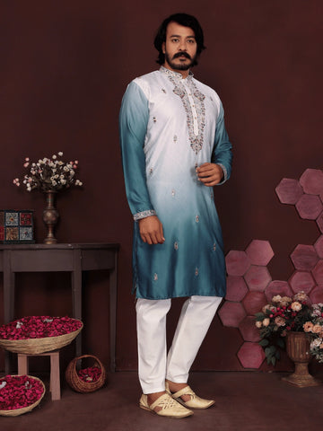 Elegant Ombre Cotton Silk Kurta with Embroidery | Premium Ethnic Wear for Men