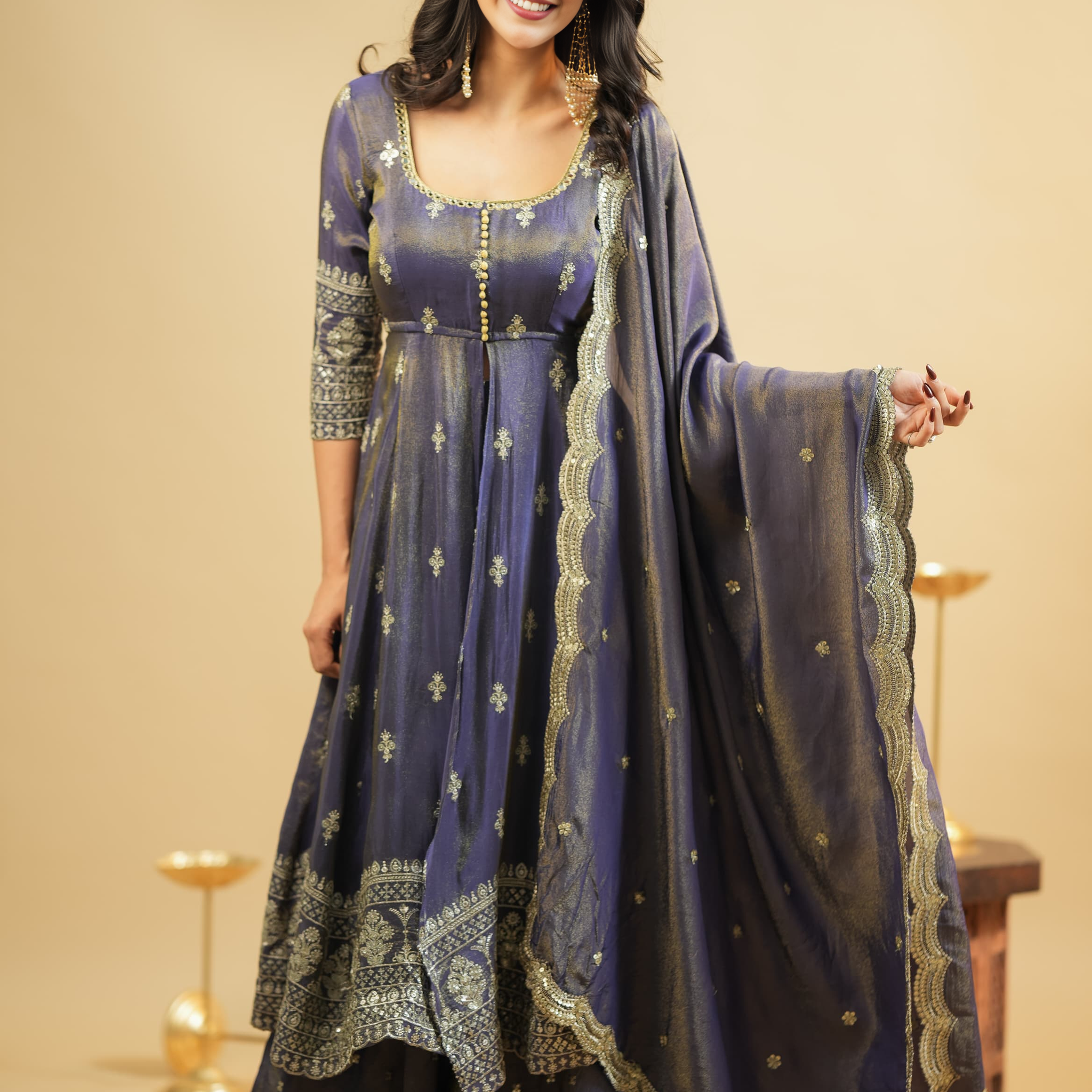 Saakshi`s Grey Cosmo Slik Anarkali Suit With Skirt