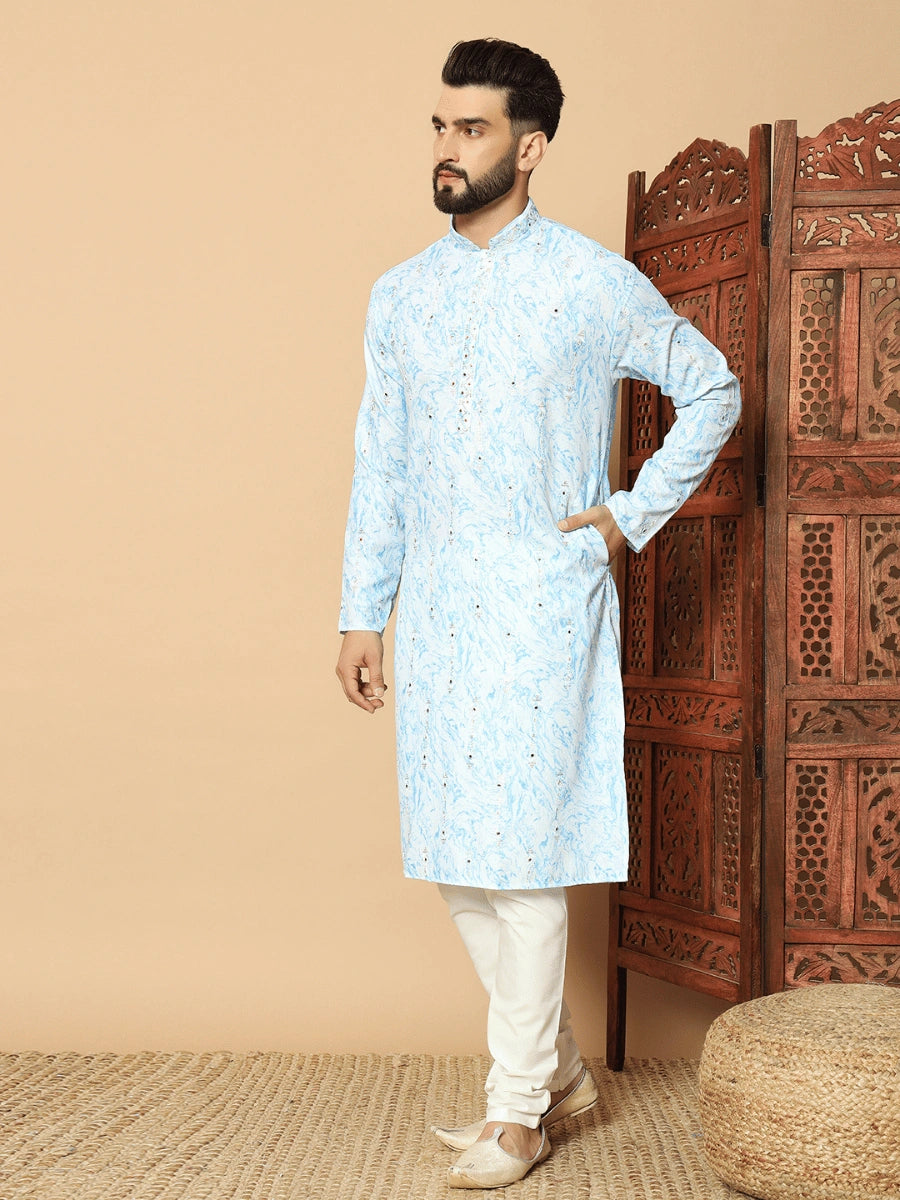 Men’s Lilan Cotton Kurta with Sequin Embroidery & Digital Print