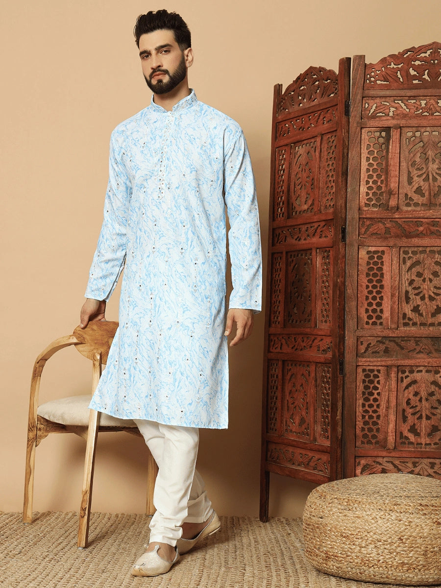 Men’s Lilan Cotton Kurta with Sequin Embroidery & Digital Print