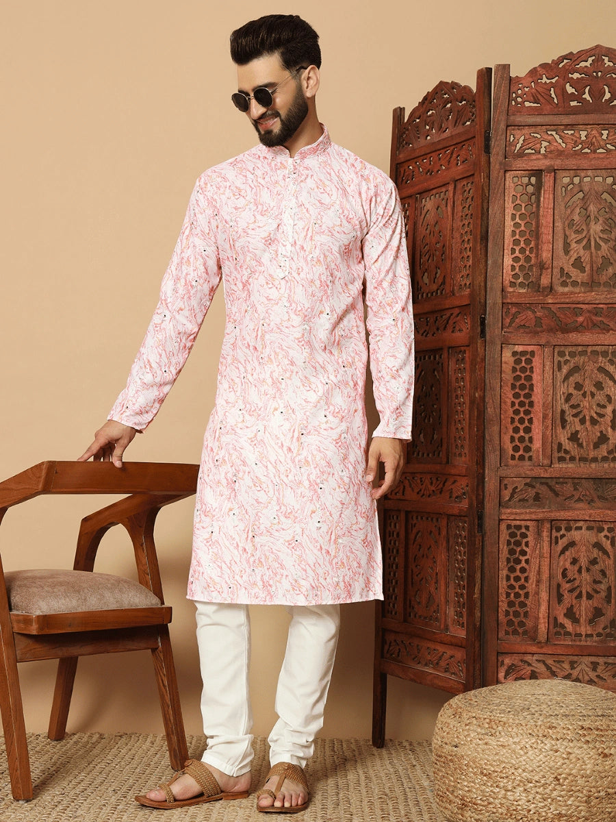 Men’s Lilan Cotton Kurta with Sequin Embroidery & Digital Print