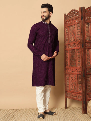 Men’s PVR Silk Kurta Pyjama with All-Over Sequin Embroidery
