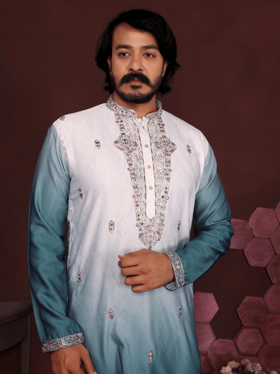 Elegant Ombre Cotton Silk Kurta with Embroidery | Premium Ethnic Wear for Men
