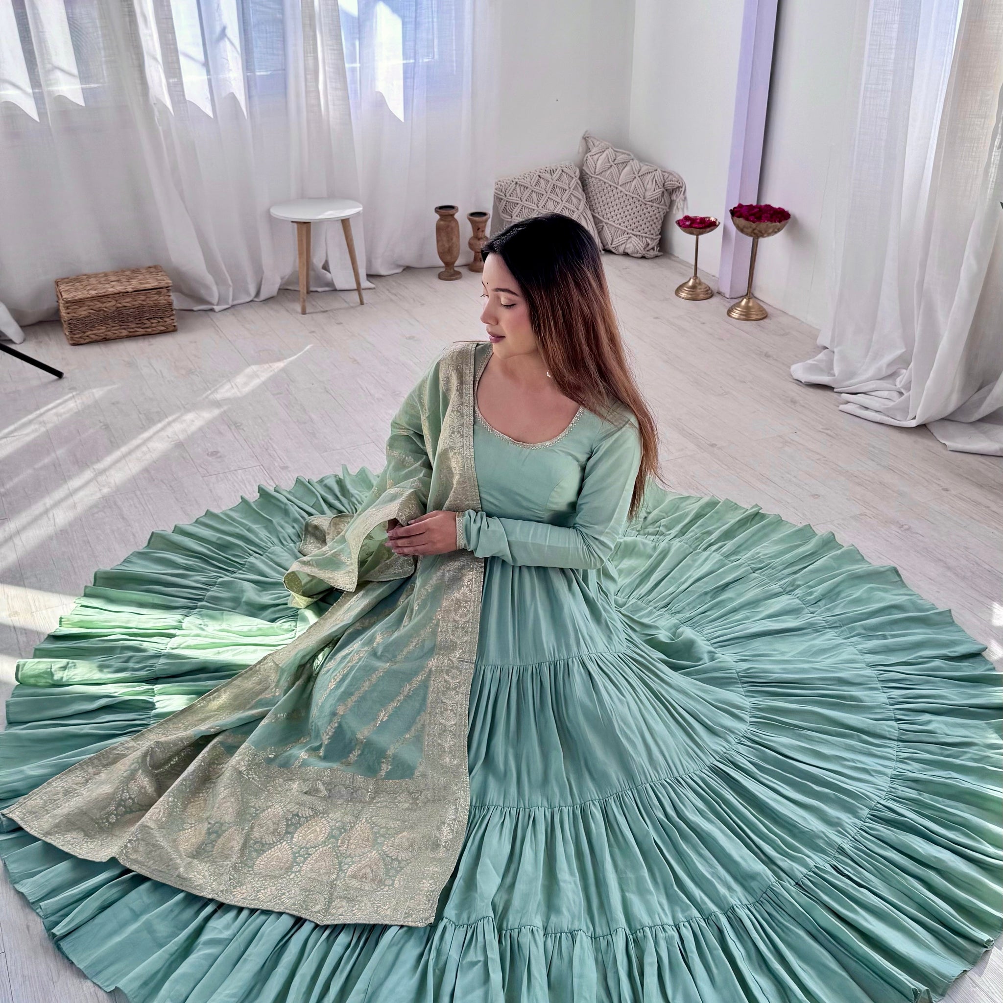 Premium Quality Roman Silk Pista  Anarkali  Suit Set