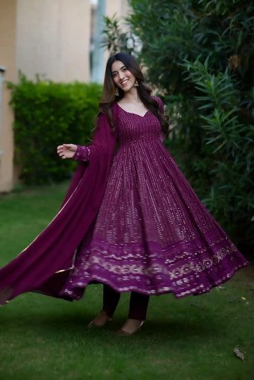 Nravya Purple Embroidered Suit Set – Georgette & Cotton