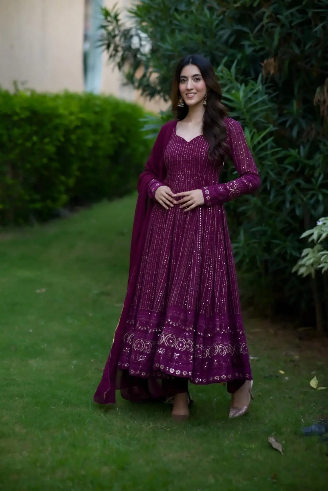 Nravya Purple Embroidered Suit Set – Georgette & Cotton
