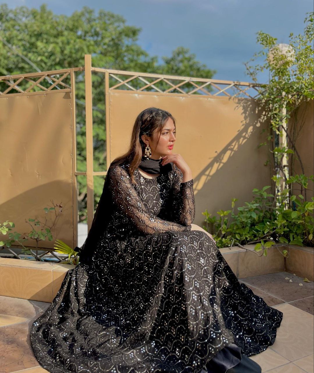 Adeena Black Faux Blooming Anarkali Style Sarara Suit Set