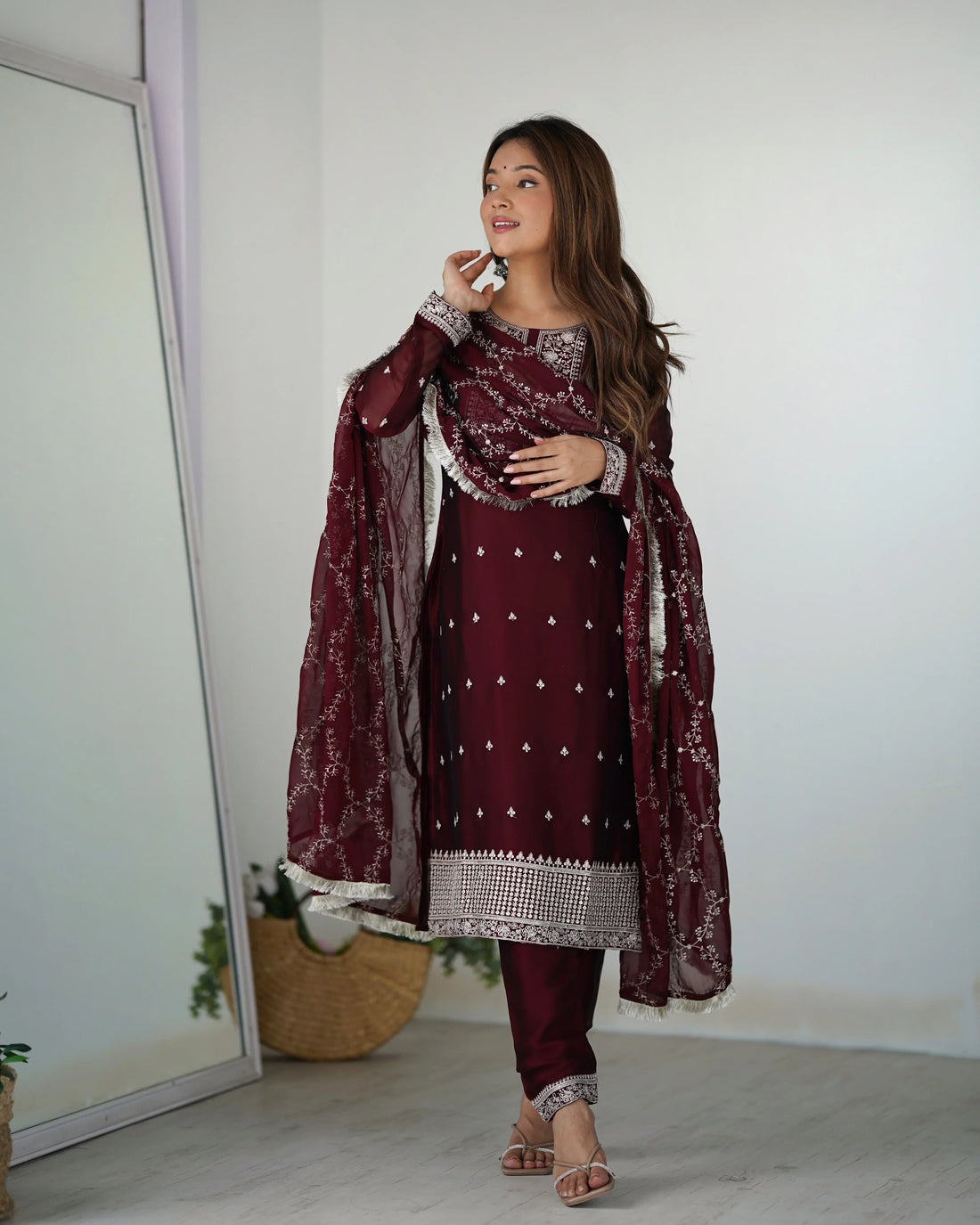 Dark Maroon Vichitra Silk Kurta Set – Embroidered Ready-to-Wear Ensemble
