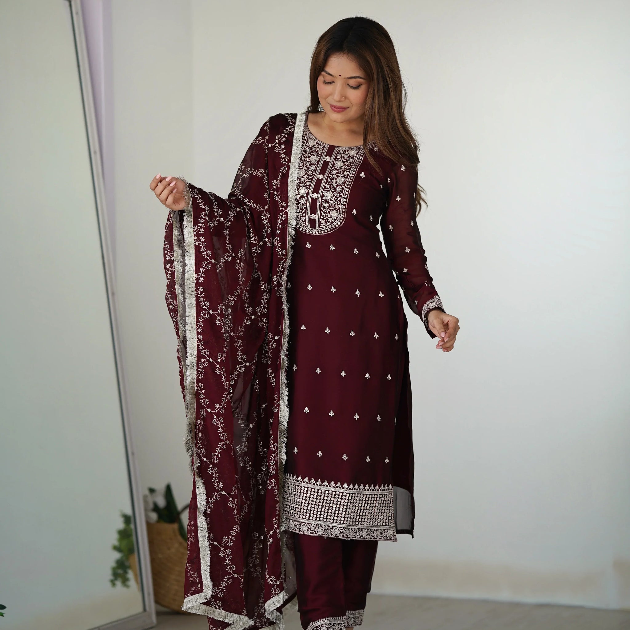 Dark Maroon Vichitra Silk Kurta Set – Embroidered Ready-to-Wear Ensemble