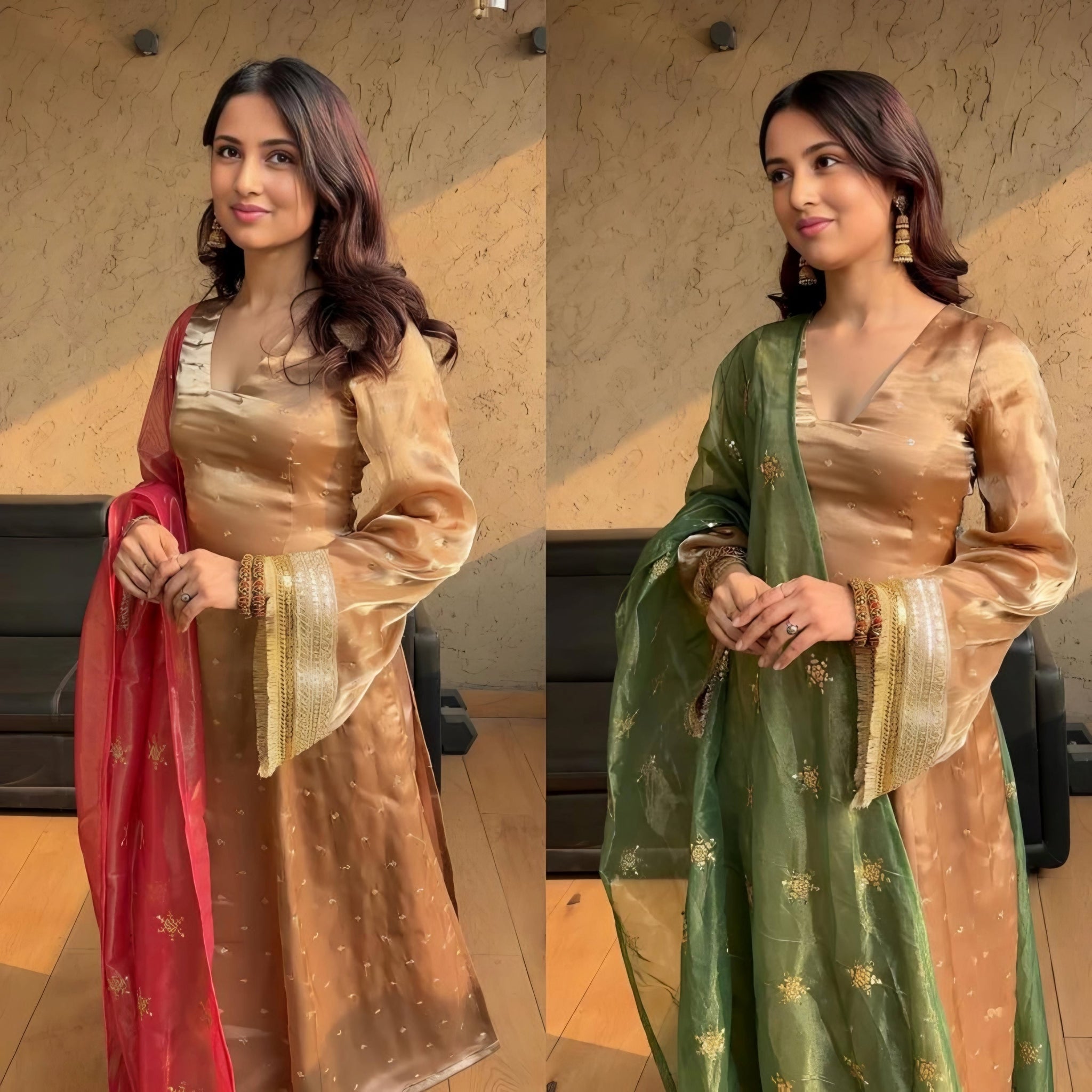 Kamlika Chiku Colours Suit Set With Double Dupatta – Elegant Red &amp; Green Ethnic Wear