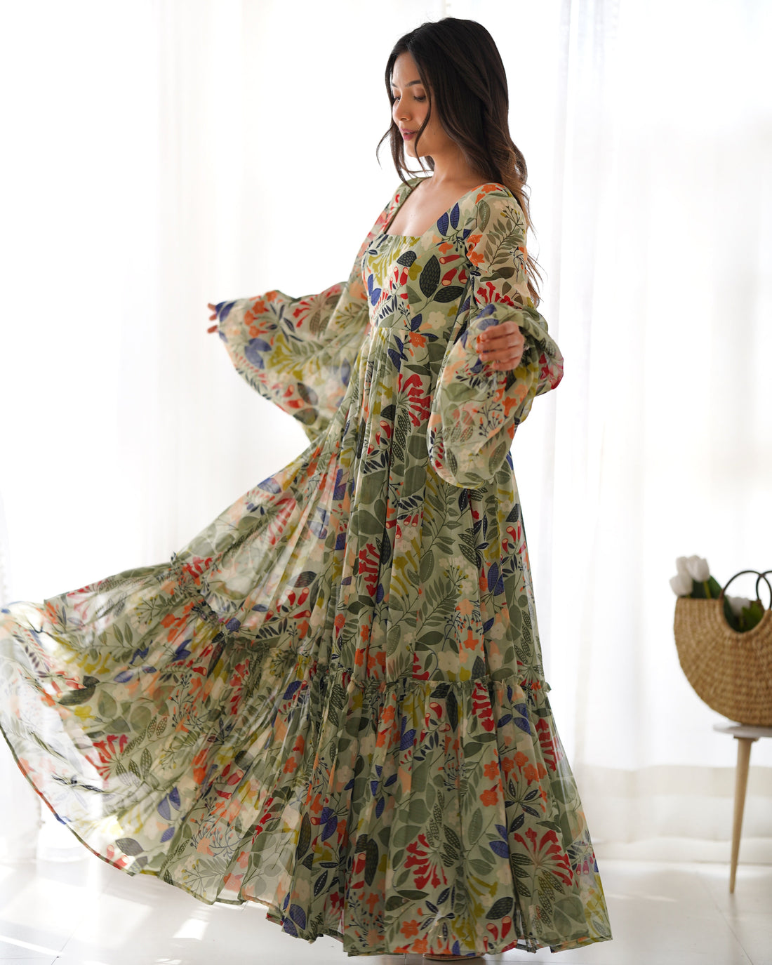 Sunaina Pista Colourfull Floral Gown Digital Printed Faux Georgette