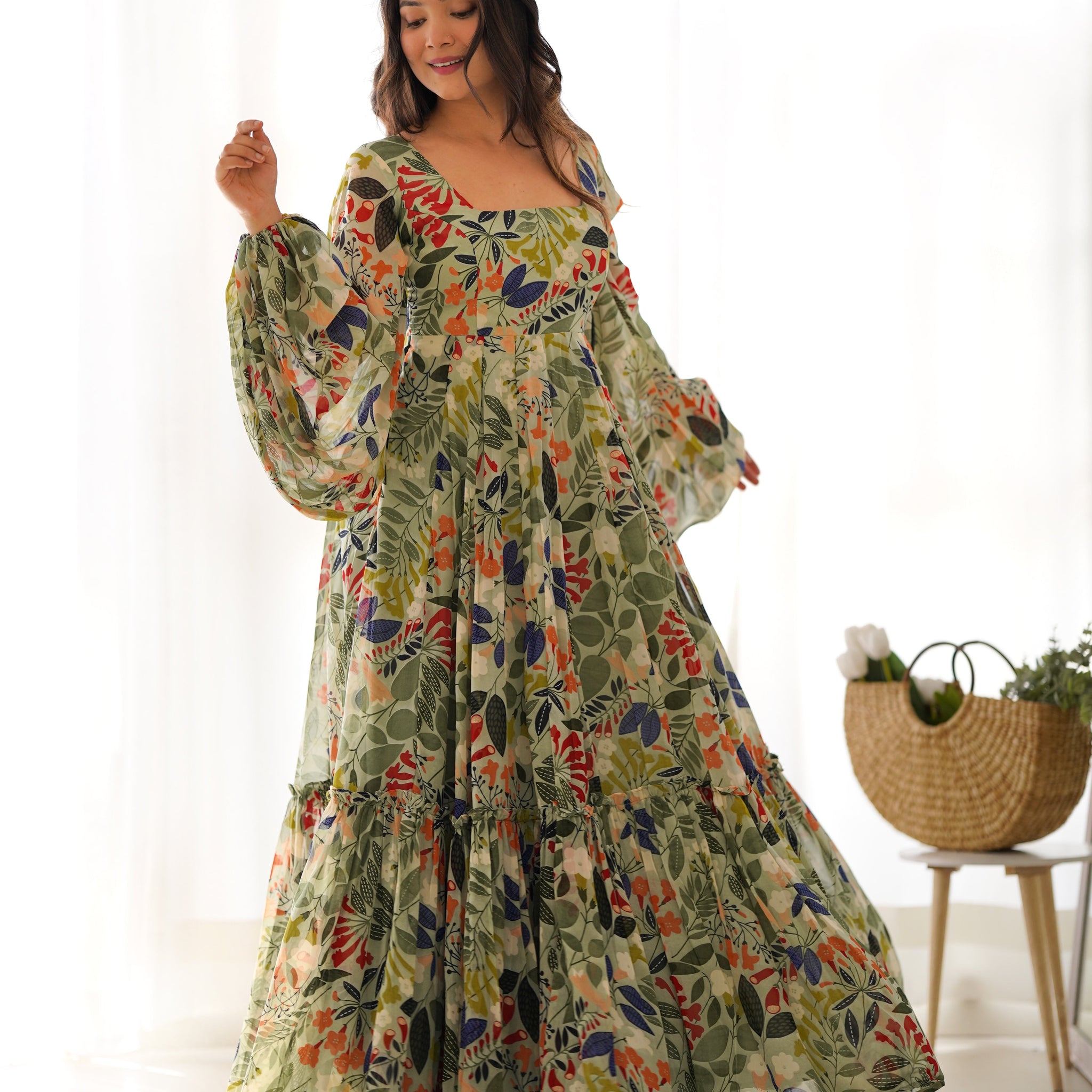 Sunaina Pista Colourfull Floral Gown Digital Printed Faux Georgette