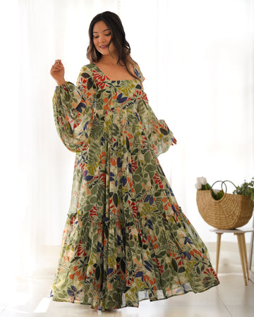 Sunaina Pista Colourfull Floral Gown Digital Printed Faux Georgette