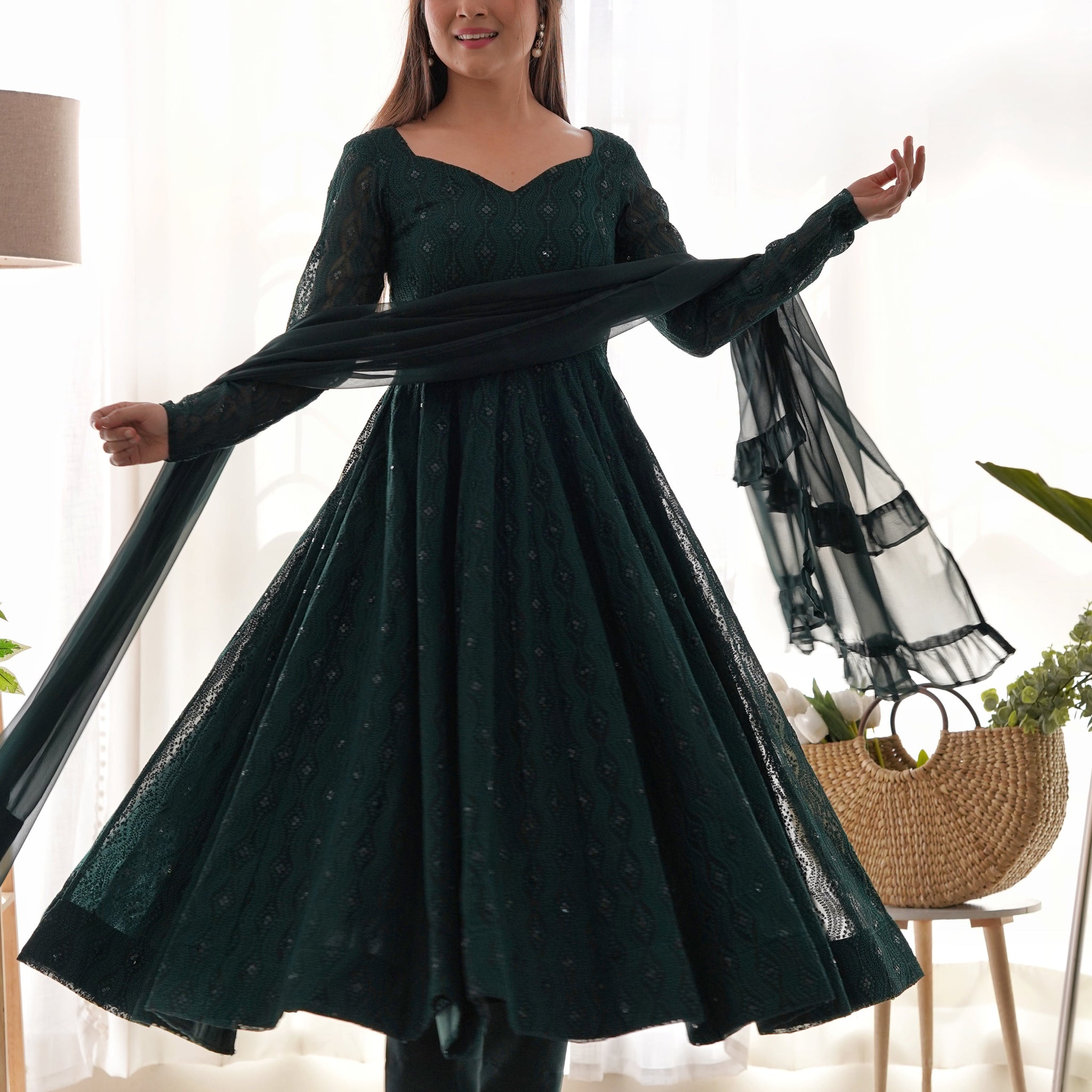 Premium Quality Lukhnowi Green Suit Set