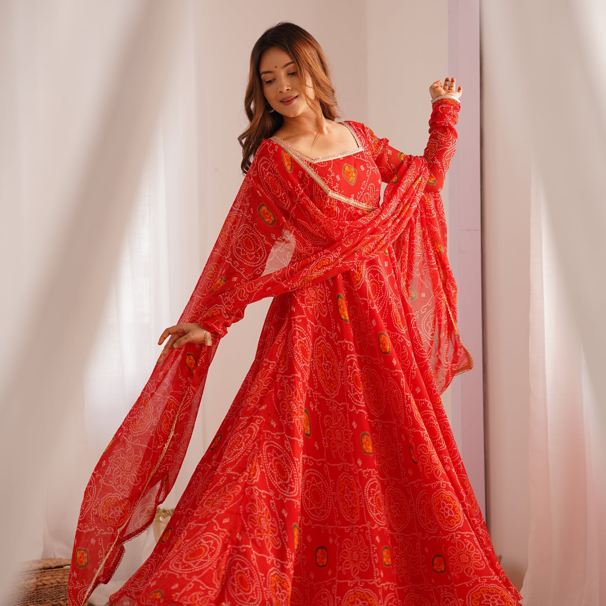 Premium Quality Bandhej Red Anarkali Suit Set