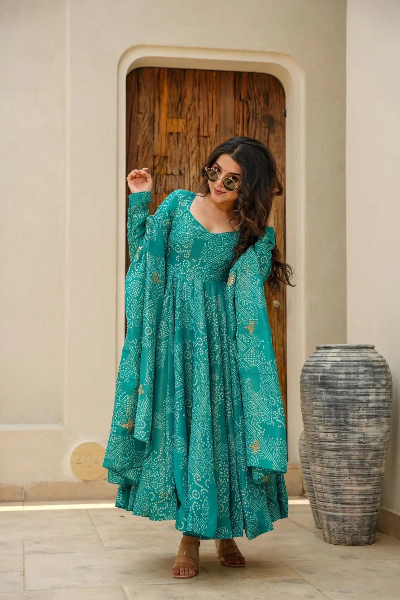 Green Bandhej Maslin Anarkali Suit Set – Elegant &amp; Comfortable Ethnic Wear