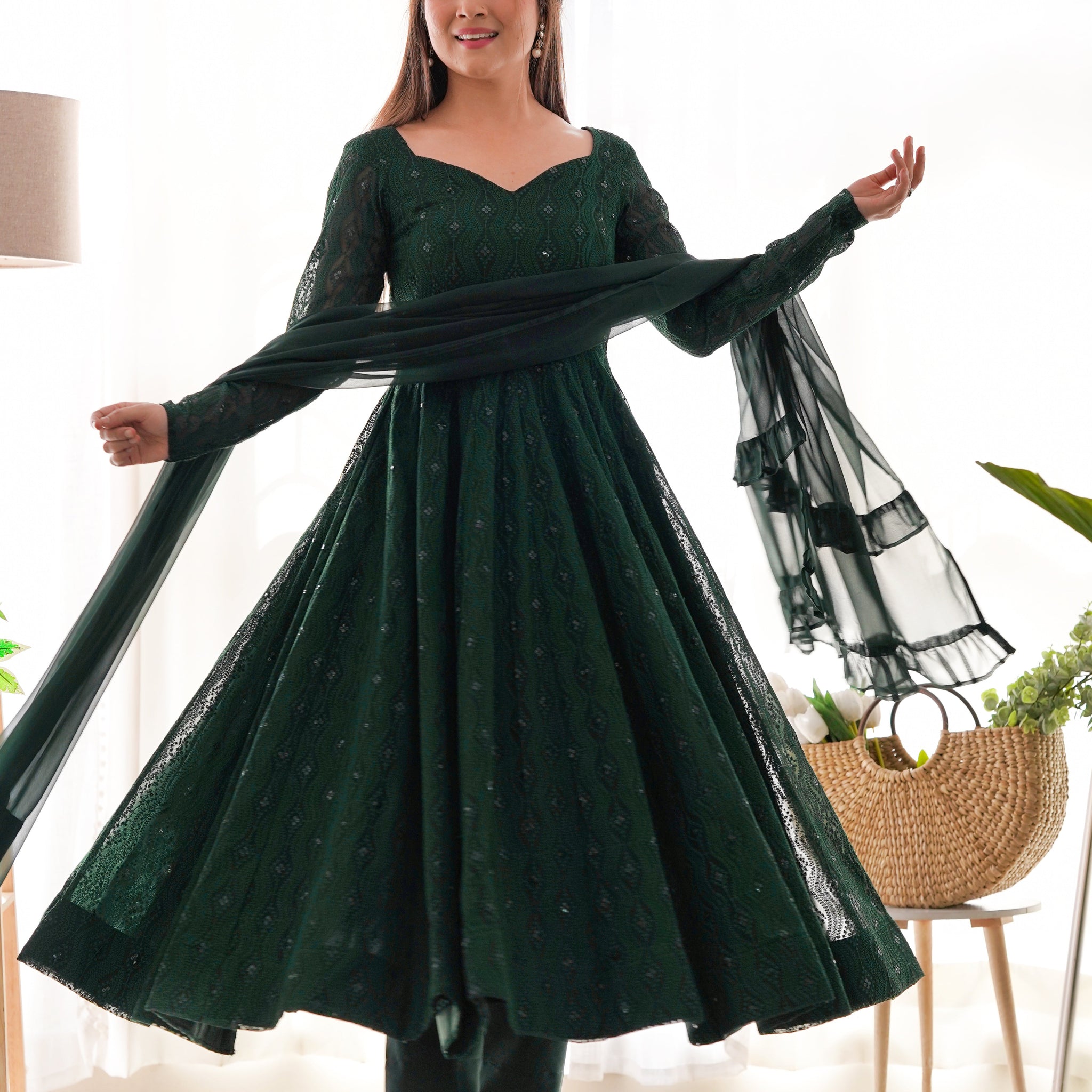 Bottle Green Designer Anarkali Suit with Pant and Dupatta