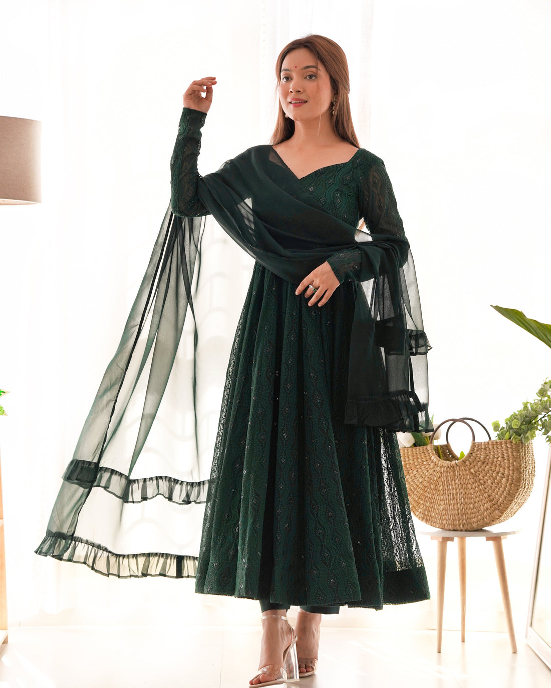 Bottle Green Designer Anarkali Suit with Pant and Dupatta