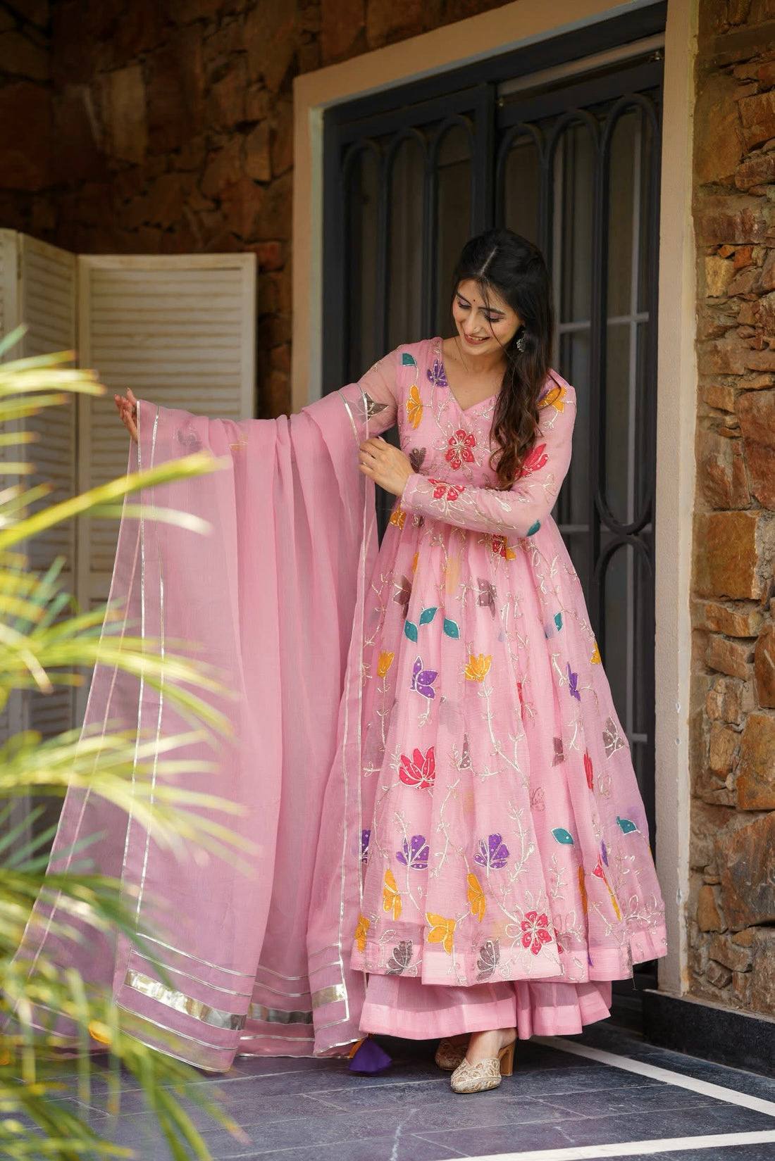 Pastel Pink Embroidered Anarkali with Sharara
