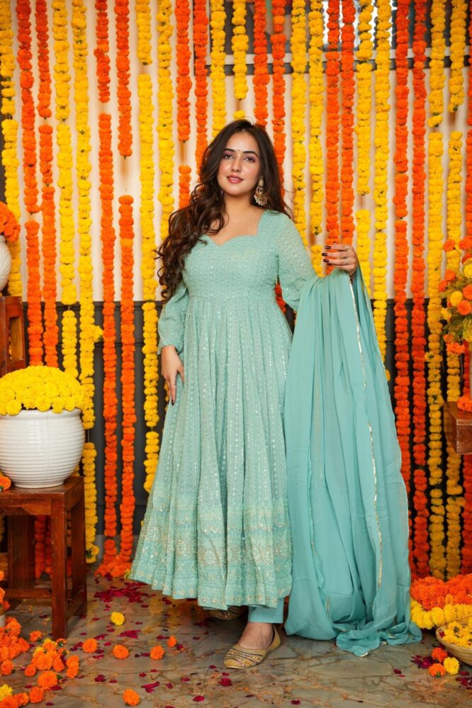 Premium Quality Sky Anarkali Suit Set