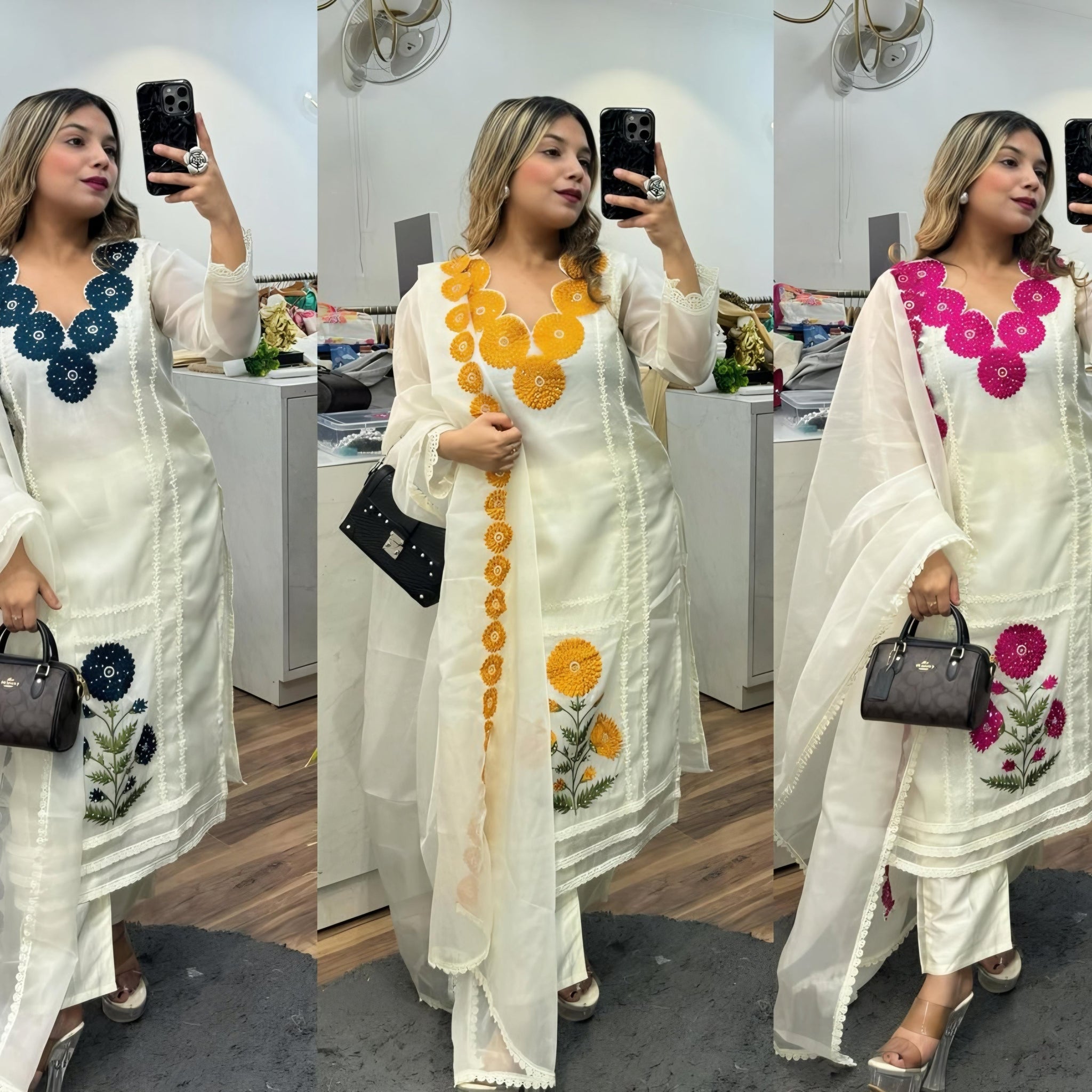 Elegant Heavy Faux Georgette Kurti, Pant &amp; Dupatta Set – Stylish Ethnic Wear