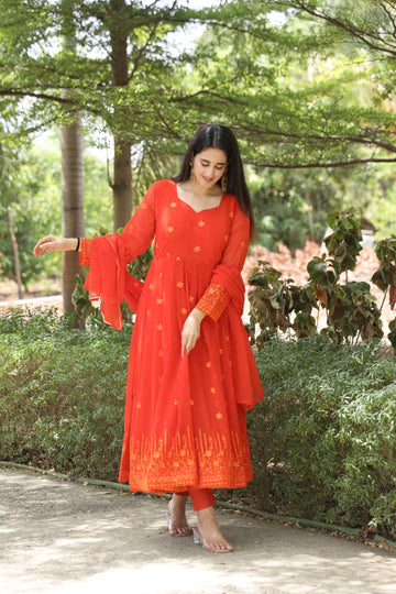 Keshvi's orange Coloured Anarkali Suit