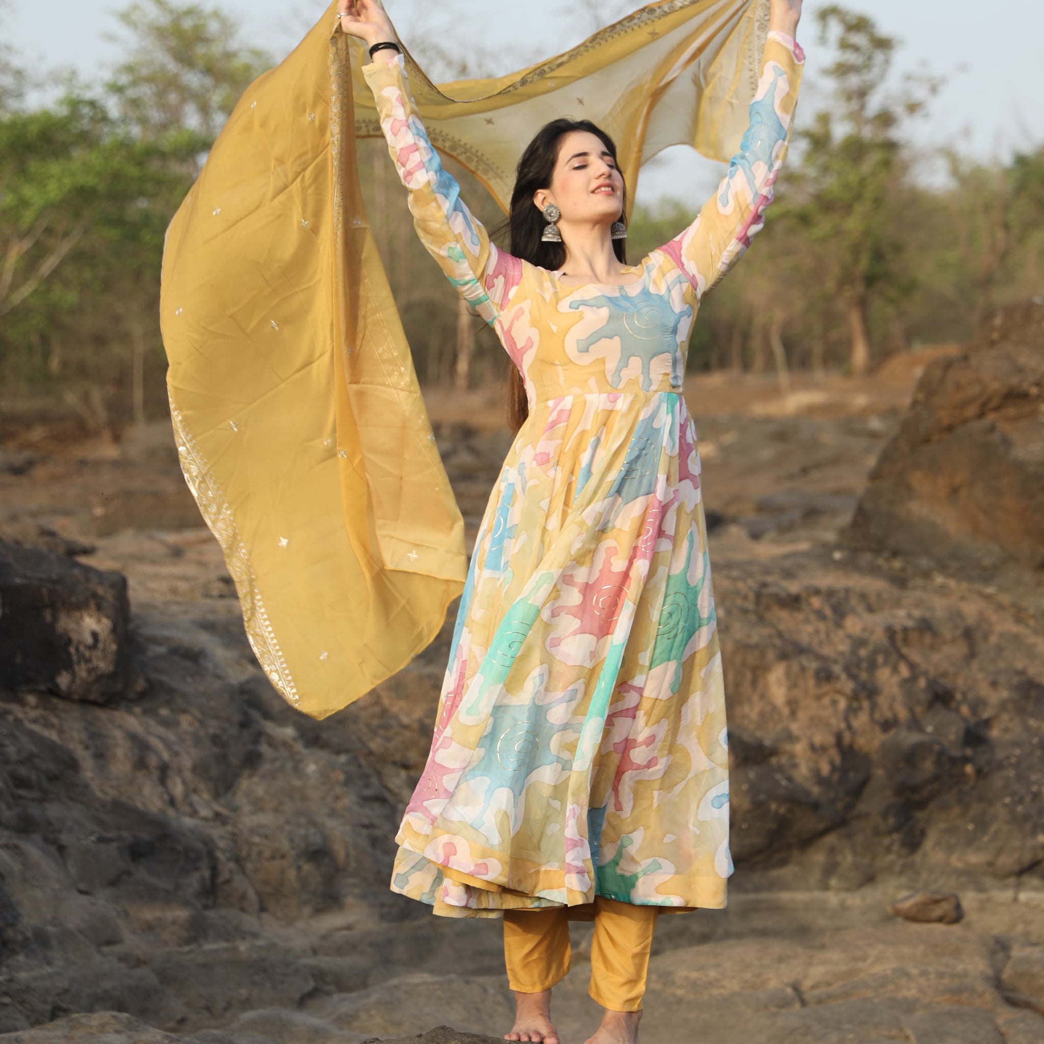 Aabha Multi Coloured Hand Print Anarkali Suit Set – Elegant Ethnic Wear ✨👗