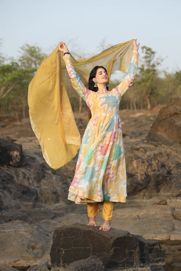 Aabha Multi Coloured Hand Print Anarkali Suit Set – Elegant Ethnic Wear ✨👗