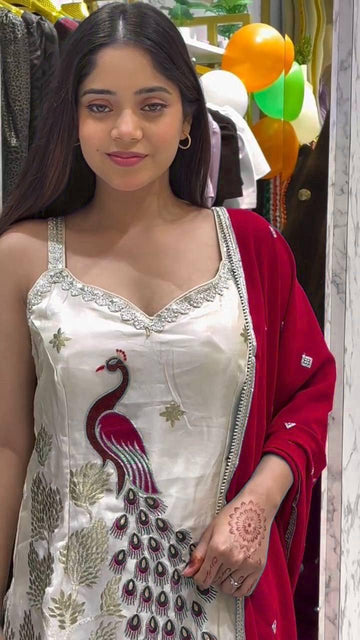 Plazzo Pair with Embroidered Peacock Work & Dupatta – Designer 3-Piece Set