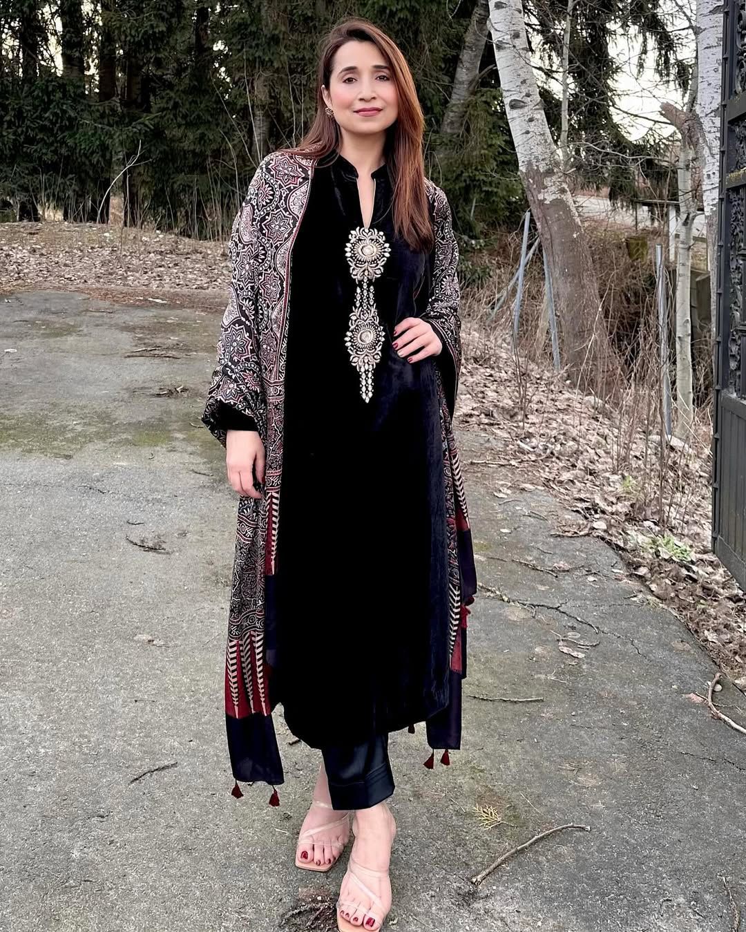 Premium Velvet 3-Piece Winter Pant Set with Sequence Embroidery | Ajrakh Chinon Dupatta