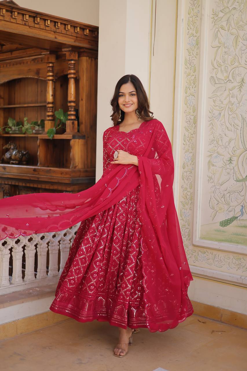 RANI & WINE  EMBROIDERED GEORGETTE ANARKALI  SUIT SET
