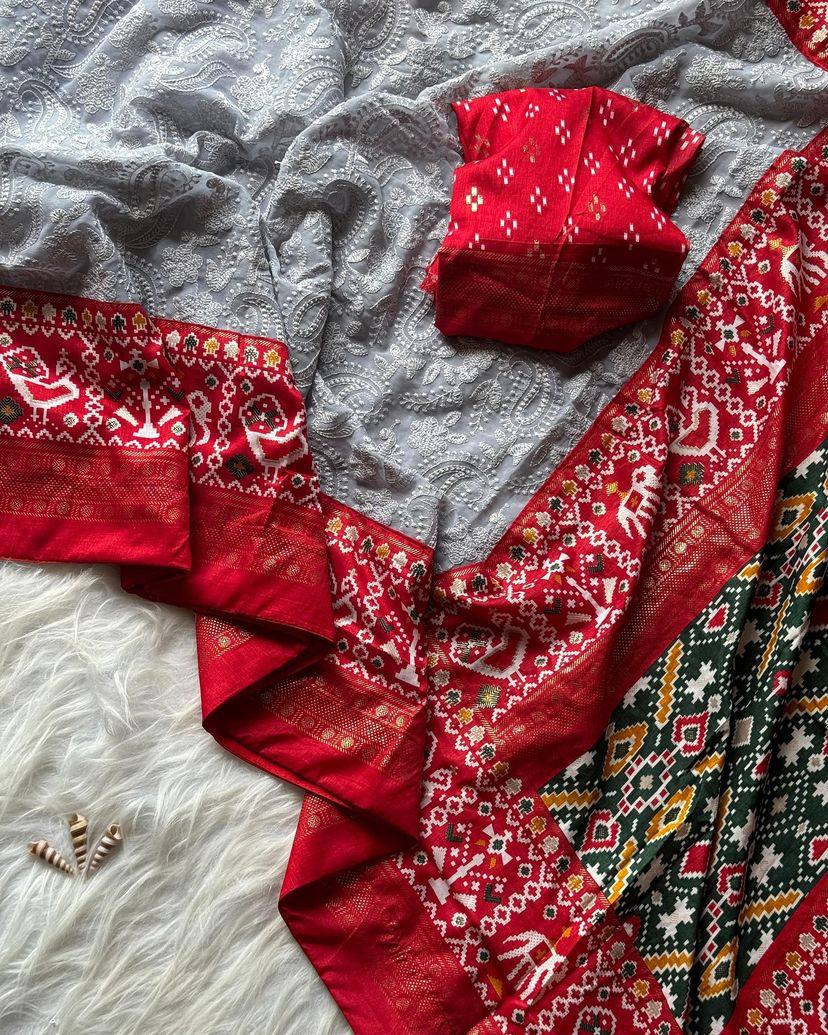 Premium Georgette Chikankari Lucknowi Embroidered Saree