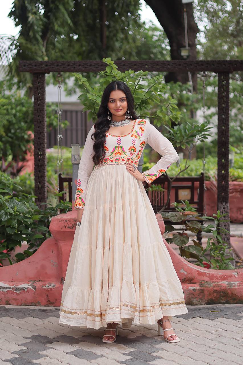 Off White Kora Cotton Gota Patti Work Navratri Gown