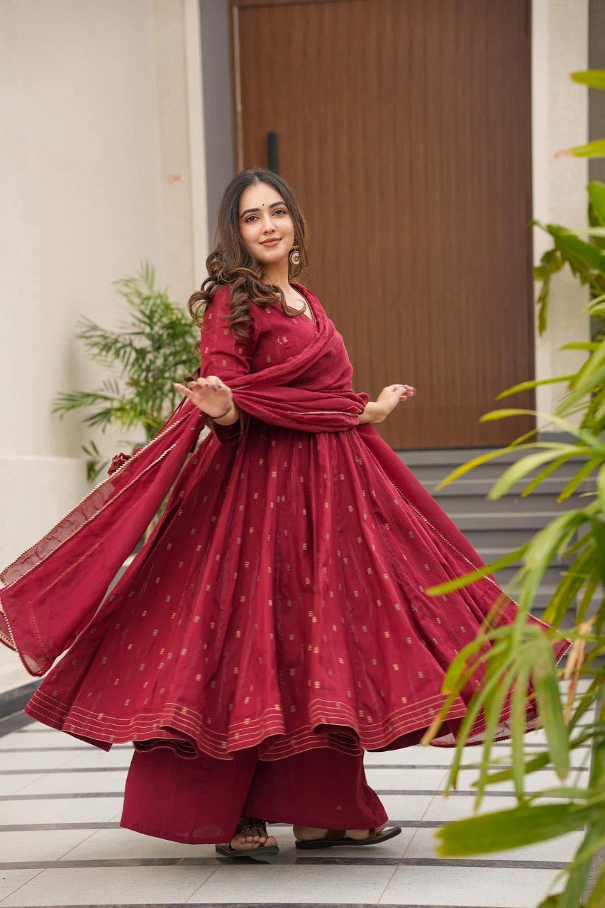 Hirva Maroon Colour Cotton Anarkali Suit Set